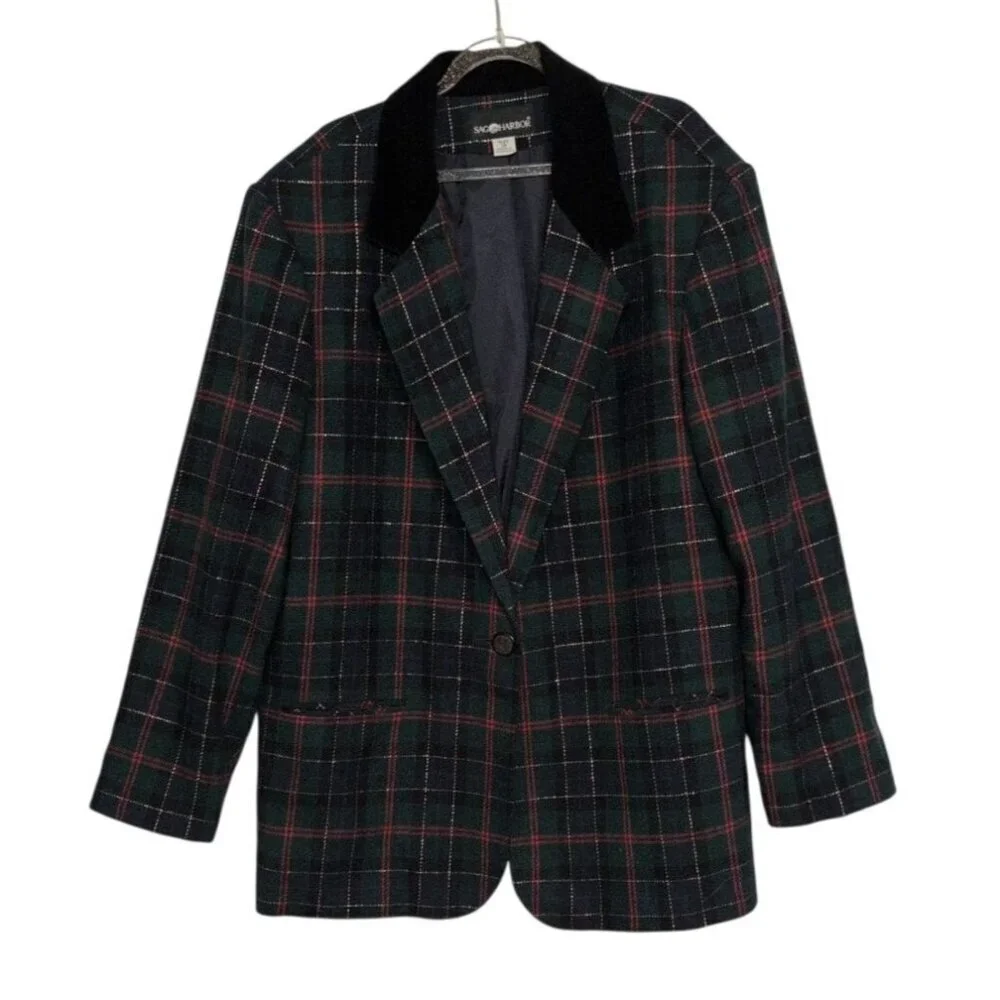 Vintage Sag Harbor Plaid Metallic Blazer Womens Size 18 Green Wool Blend Jacket